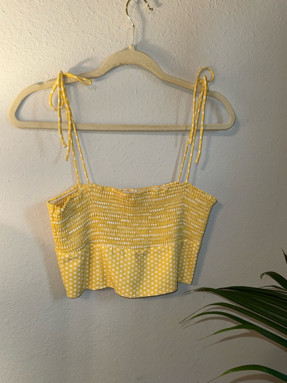 Zara Yellow Polka-Dot Smocked Tie-Strap Crop Top